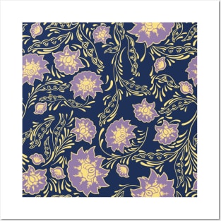 flower pattern lilac navy blue purple gold golden yellow aesthetic Posters and Art